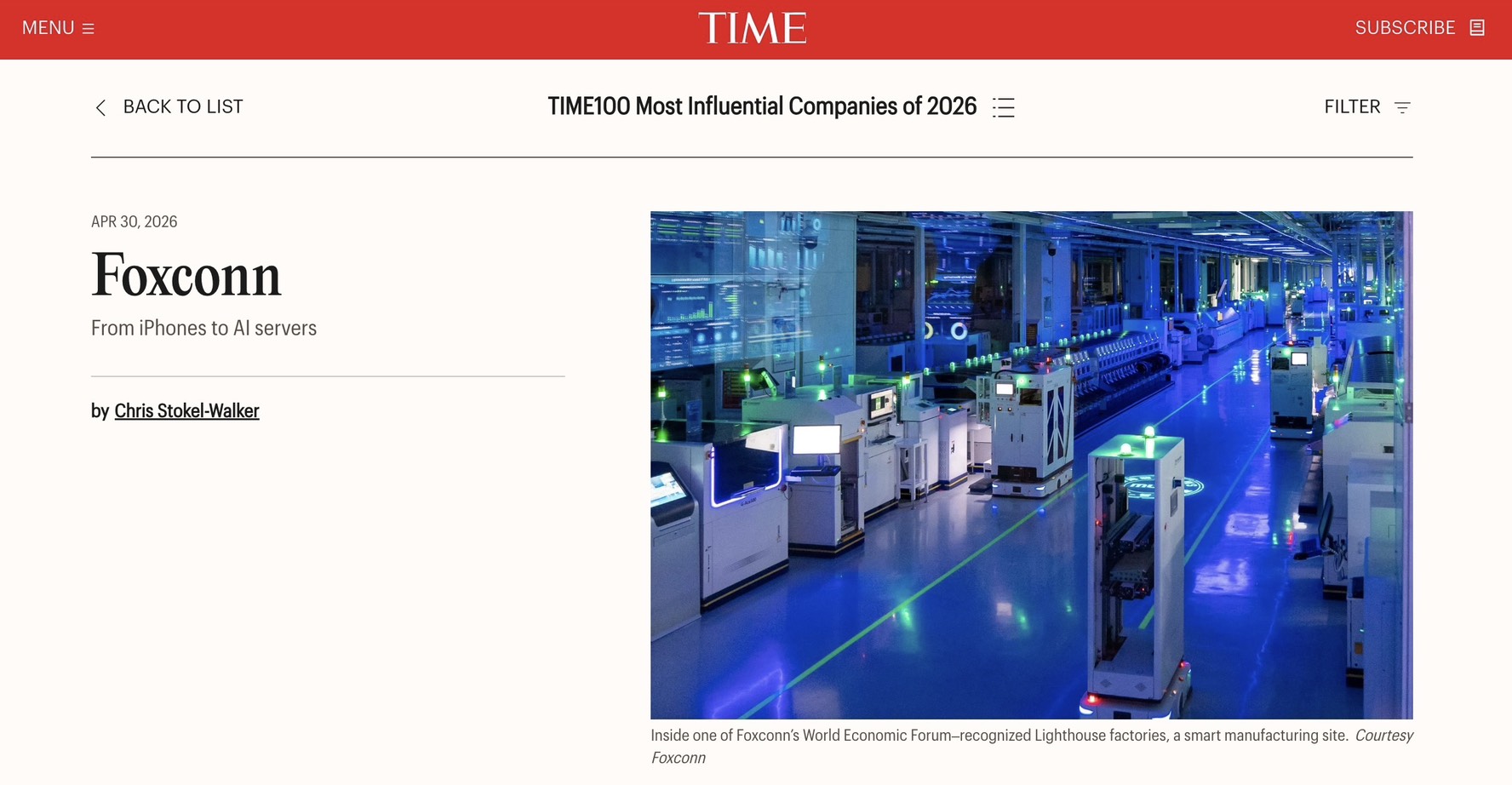 Hon Hai Technology Group (Foxconn) Honored Among  TIME100 Most Influential Companies & Industry Leaders